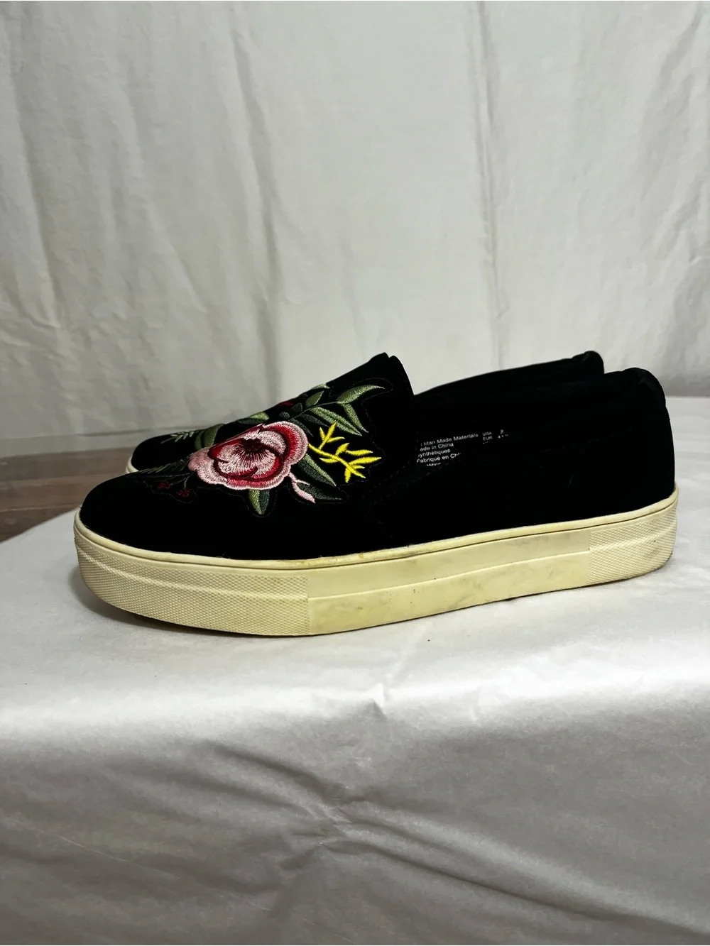 Brash Black Velvet Espadrilles with Pink Floral Embroidery